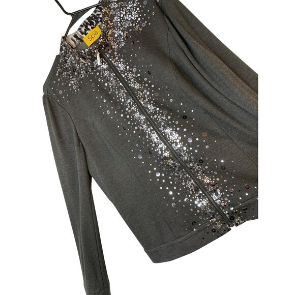 St John Spa Gray Full Zip Cardigan Sweatshirt Jacket Sequin Bling Sz M RD10166 - Picture 1 of 11